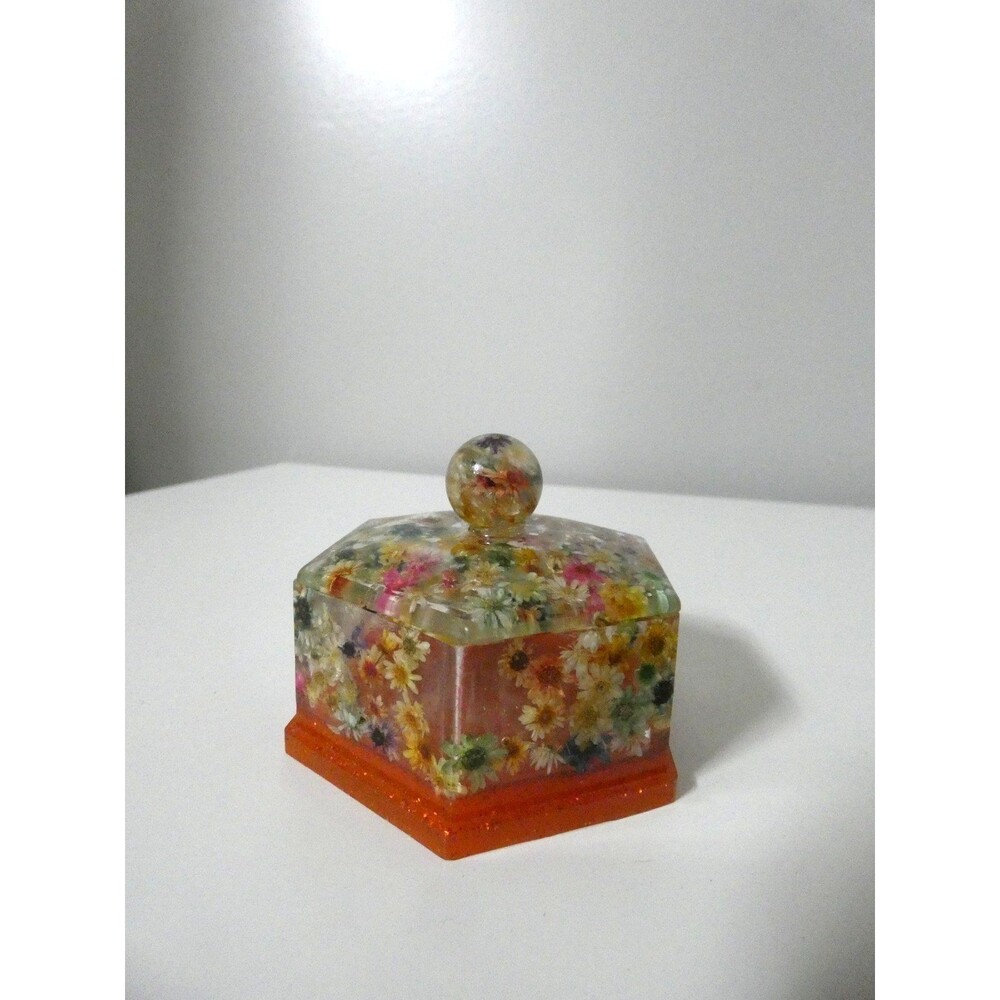 Acrylic Resin Floral Multicolor Flower Hexagonal Lidded Box Trinket Small 3.75"